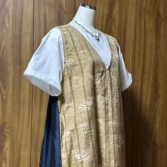 【着物リメイク】大島紬使用 ロングワンピース ジャンパースカート チュニック 絹