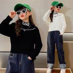 【新品未使用】ネック英字デザイン長袖トップス ブラック130サイズ