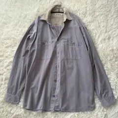 【サンバレー】長袖シャツ　グレー　襟のコーデュロイ　刻印ボタン　古着　メンズ