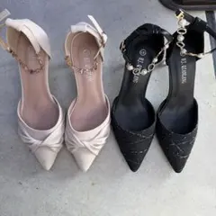 2点セット ヒール ブラック ホワイト ハイヒール パール付き