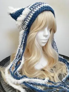 ふわふわ ねこみみ ニット帽 y2k グランジ サブカル ブルー