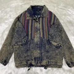 a5 レトロy2k forever21 民族柄切替ケミカルウォッシュブルゾン　L