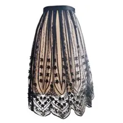 JILL STUART 刺繍チュールスカート サイズ2 黒ベージュフレア膝下上品