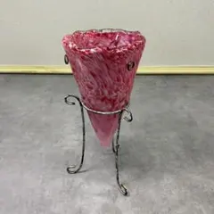 ヴィンテージ ガラス ベース マーブル 花器 花瓶 スタンド付 ビンテージ