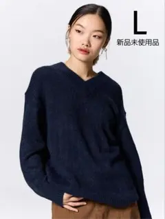 GU　メランジVネックセーター　ネイビー　L