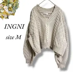 INGNI ケーブル編み Vネックセーター M グレージュ ダメージ風 4298
