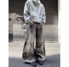 新品未使用　バルーンデニム　レオパード柄　グレーデニム　ストリート　韓国系