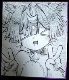 手書きイラスト 色紙 ケモ耳 男の子 - メルカリ
