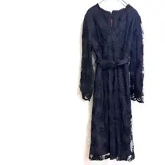 ノーブランド ワンピース 総レース ブラック ベルト付き 長袖 フレア