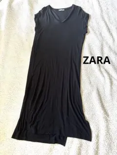 ZARA ブラック ロングワンピース Vネック スリット入り 黒ワンピ