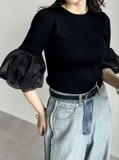 新品タグ付き　Re:EDIT異素材切り替えバルーンスリーブ七分袖リブニット 黒