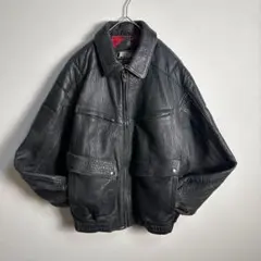 レザーフライトジャケットA-2タイプ チェック柄　裏地総柄　シボ革　本革　黒XL