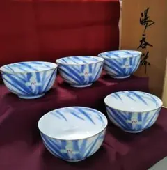 ○3675#0311　深川製磁/湯呑揃 5客(菖蒲/金彩)　0405