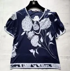 極美品✨ LEONARD レオナール トリム 半袖ボウタイブラウス 紫陽花 総柄のサムネイル