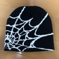 スパイダーウェブ柄 ニット帽 ビーニー ブラック