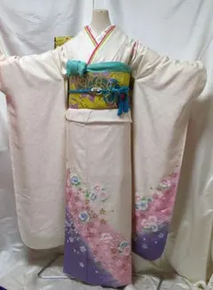 振袖6点セット 振袖フルセット 成人式 正絹 草花 桜 金銀彩 刺繍 NT2