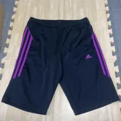 adidas ネイビー ハーフパンツ パープルストライプ　レディース　L