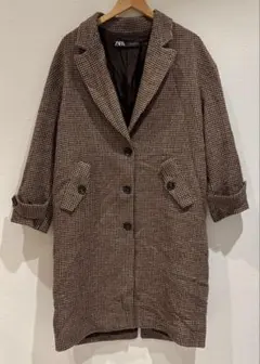 ZARA チェック柄ロングコート ブラウン M