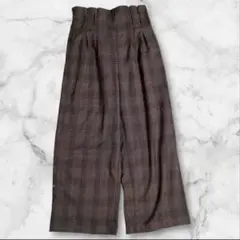 ハイウエスト ワイドパンツ ブラウンチェック クラシカル ウエストゴム