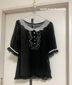 earth music&ecorogy 透け感　五分袖ブラウス　ブラック
