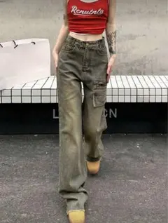 レディース カジュアル ルーズ ポケット ストレートレッグ ジーンズ