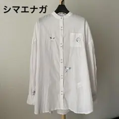 極美品 graniphシマエナガ 刺繍 ストライプ 薄手 バンドカラー シャツ