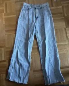 ワイドレッグデニムパンツ ライトブルー フリンジ