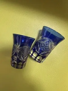 青色カットグラス飲料用グラス2個セット