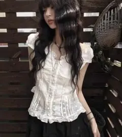 ホワイト レース ブラウス 半袖 SHEIN