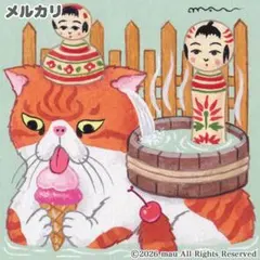 原画「オヤジ猫の背中に鳴子温泉〜こけしと一緒に湯治」猫/イラスト/アート/絵画