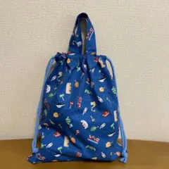 お着替え袋　体操服袋　撥水ポリエステル　はたらく車　車柄　ブルー　青色　巾着袋