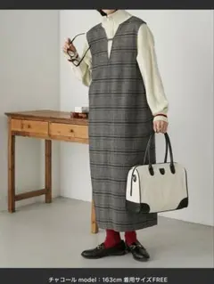 ノースリーブロングワンピース グレー系チェック