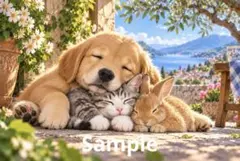子犬と猫とウサギの仲良しイラスト デジタルアート