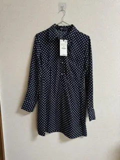 ZARA ネイビー 水玉模様 長袖 ミニワンピース