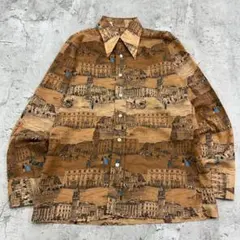 A*z様 ユーロ　街並み　総柄　トップス　長袖　長袖シャツ　古着　ブラウン系　M