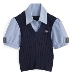 GRL ケーブルニットロゴ刺繍ベストレイヤード風シャツ[fs05]