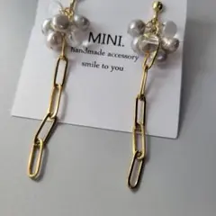 D-24.グレー淡水パールチェーンピアスイヤリング