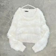 【美品】 Heather シャギーニット セーター ボーダー 白 ショート丈 F