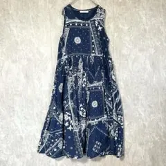【アズノゥアズ】ペイズリー風ノースリーブロングワンピース L 青 綿100%