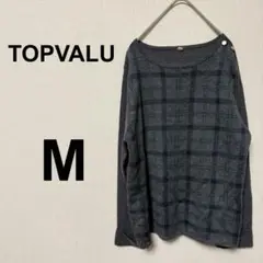 トップバリュー TOPVALU 長袖カットソー Mチェック柄　グレー　厚手