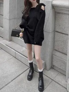 GRL ワンショルダーベロアリボンニットミニワンピース ブラック 黒 dr796