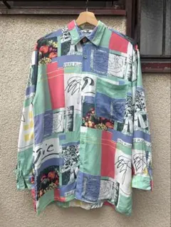 み*ん様 90s PIA SPORTS アート柄 開襟シャツ 総柄 レトロポップのサムネイル