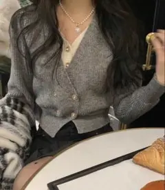 SHEIN グレー ニットカーディガン Vネック ボタン付き