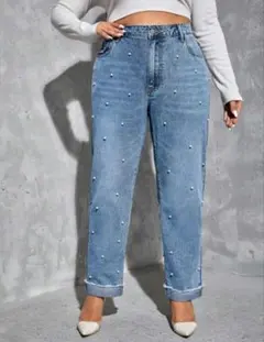 パール付きハイウエストデニム