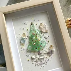 天使の集うクリスマスツリー　シーグラスアート／天然石／フレーム