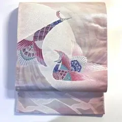 5k354 袋帯　絹　西陣織　唐織　孔雀　ピンク　白　銀色　紫　青　柄物　和装