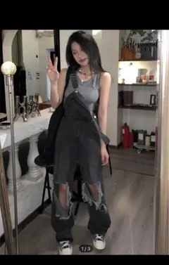 ダメージ加工 ダークグレー　オーバーオール shein　サロペット