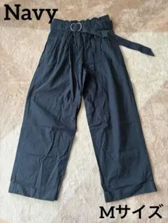 【Navy】 ヴィンテージ ベルト付き ワイドパンツ Mサイズ ネイビー