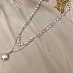 新品　ペンダントネックレス　パール　二重　アクセサリー　シルバー