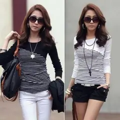 SALE★秋新作★ボーダー柄カットソーＴシャツ★バイカラー★長袖★レディース